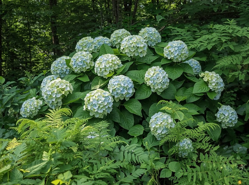 A large hydrangea shrub blooming in soft shade behind ferns and low woodland plants