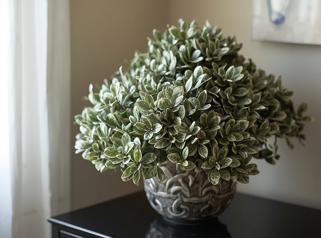 A Chinese evergreen with silver and green patterned leaves on a side table in a softly lit room