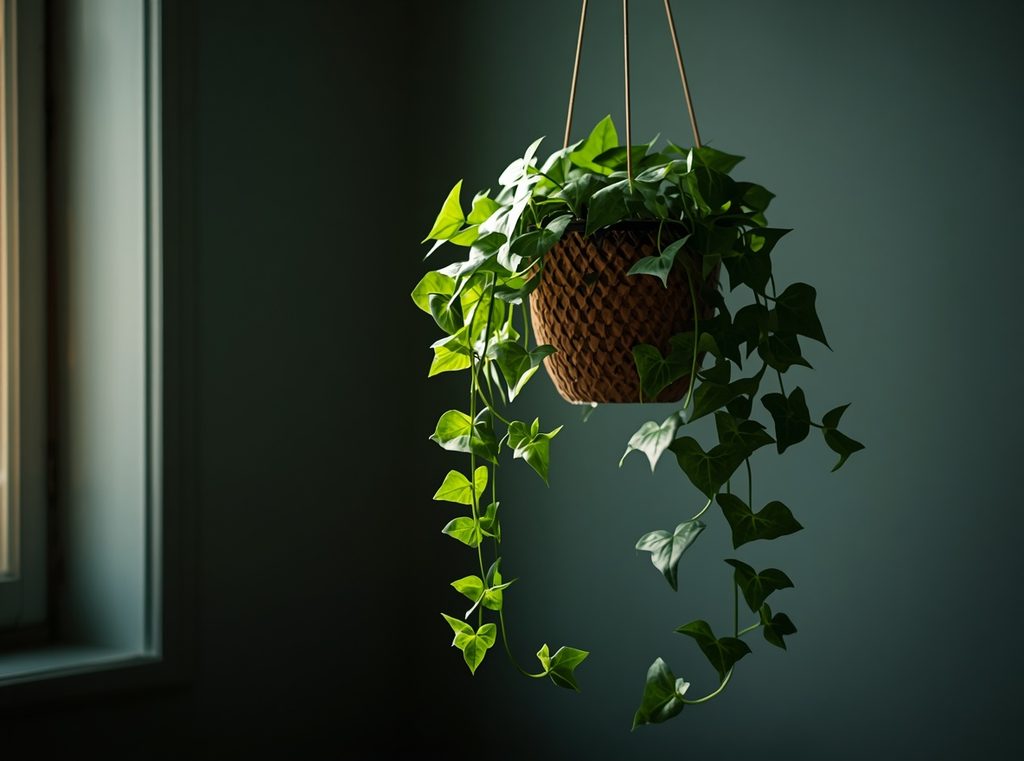 English ivy trailing from a hanging planter in a cool dim room with soft natural light