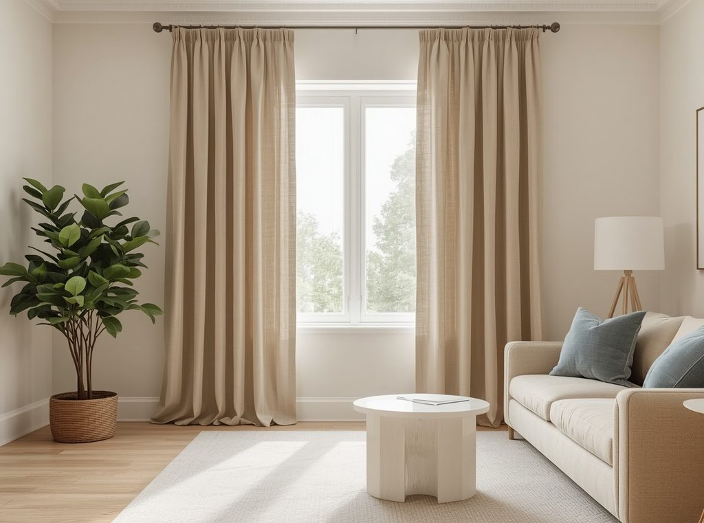 Floor-length oatmeal linen curtains framing a bright window in a warm neutral living room