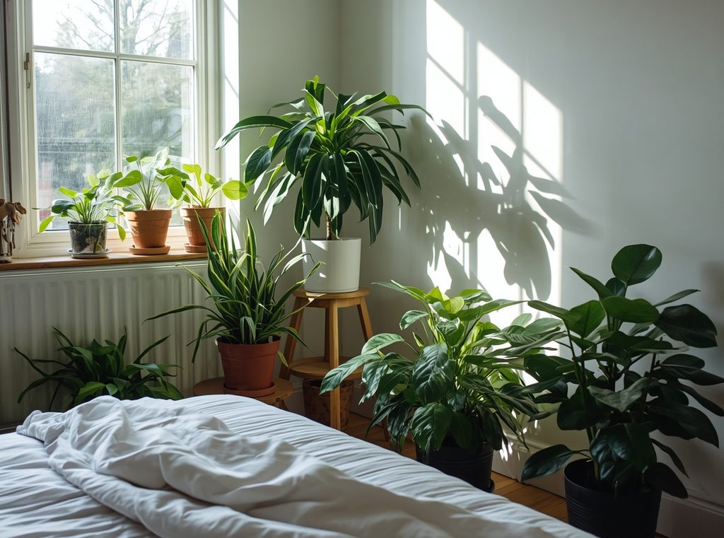 Several bedroom houseplants placed naturally