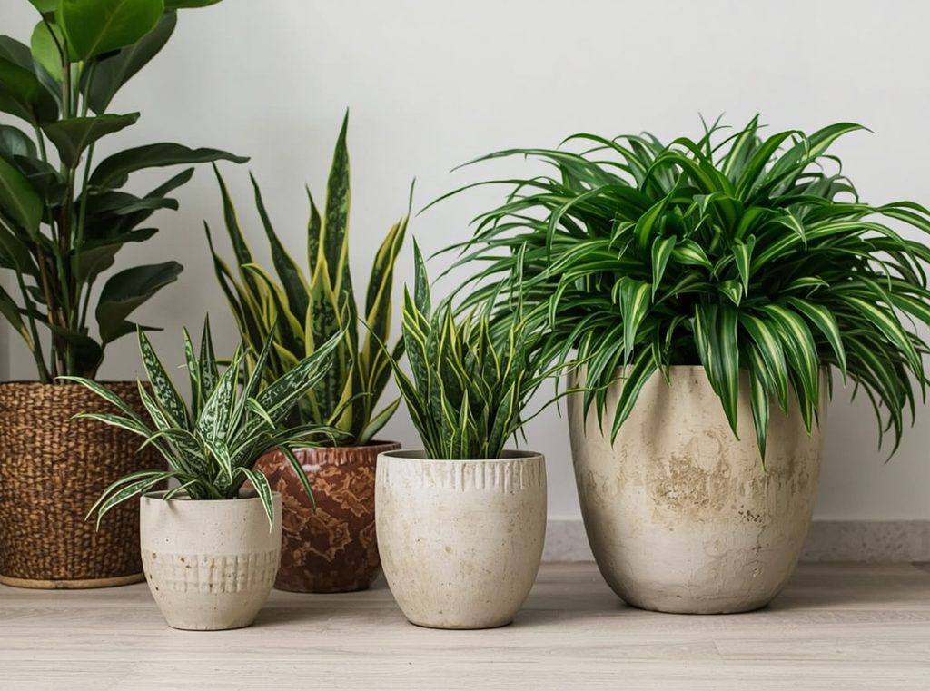 Small, medium and large houseplant pots arranged together to show how container size changes watering needs