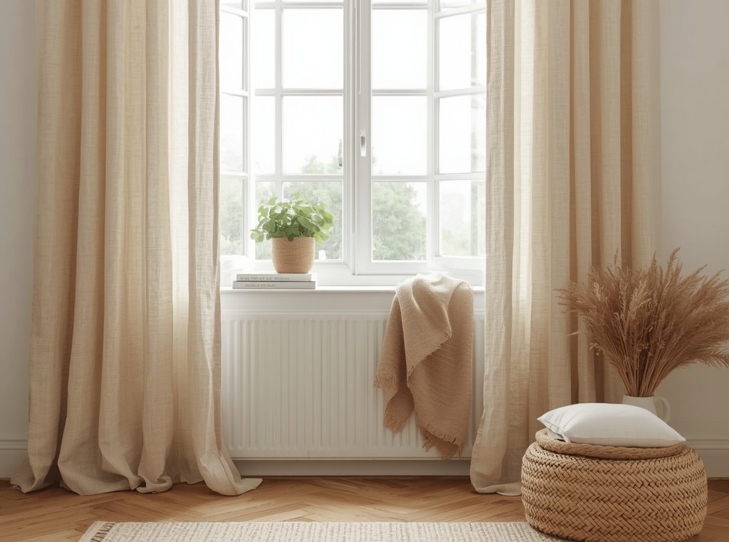Soft linen curtains moving slightly beside an open window with a cotton throw and natural woven textiles nearby