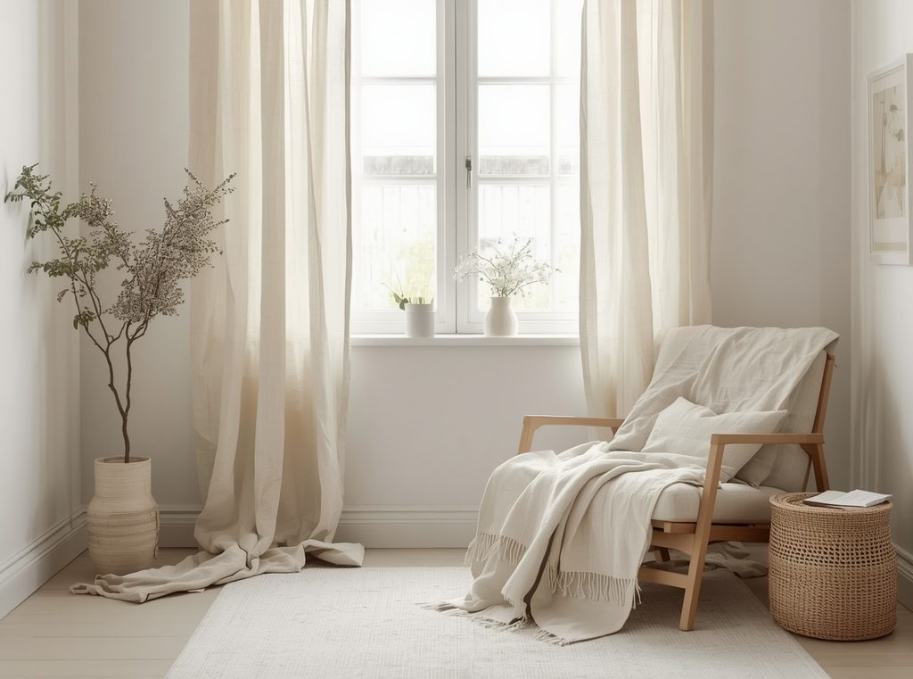 Soft oatmeal linen curtains and a relaxed linen throw in a bright neutral room