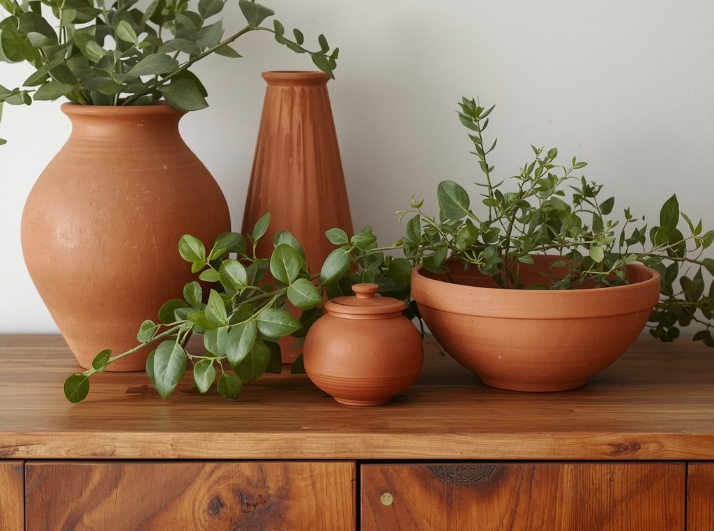 Terracotta pots and a clay bowl styled simply on a warm wood console with green foliage
