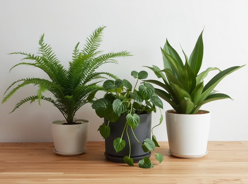 Three houseplants grouped together to represent different watering needs: a fern, pothos and snake plant