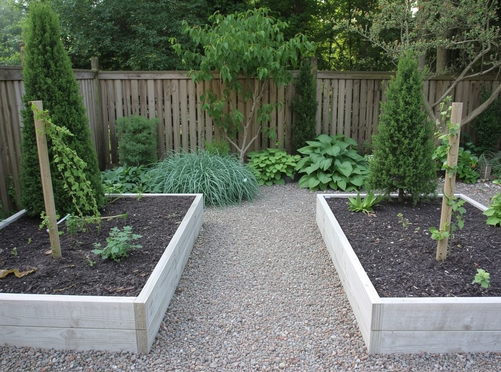 Two raised beds with a comfortable gravel path between them wide enough for a wheelbarrow
