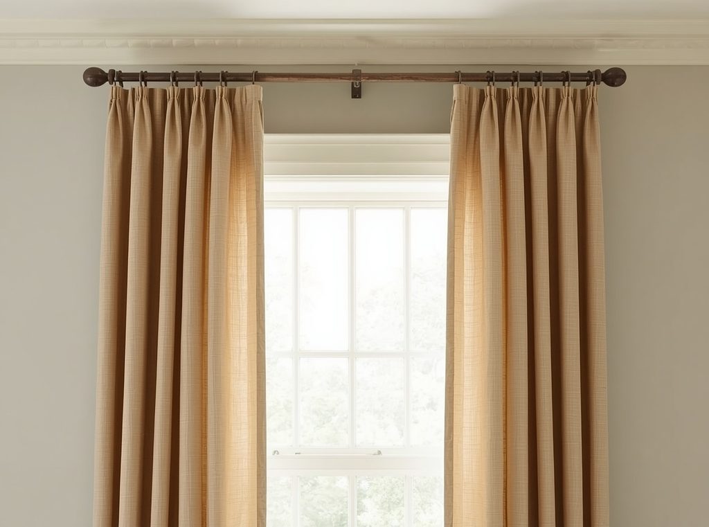 Warm oatmeal linen curtains hanging from ceiling height beside a bright window in a calm neutral room
