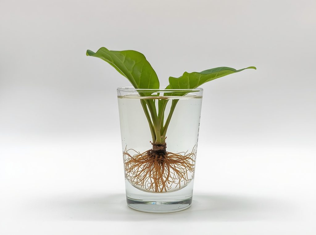 An African violet leaf cutting resting in a small narrow glass with delicate roots forming underwater