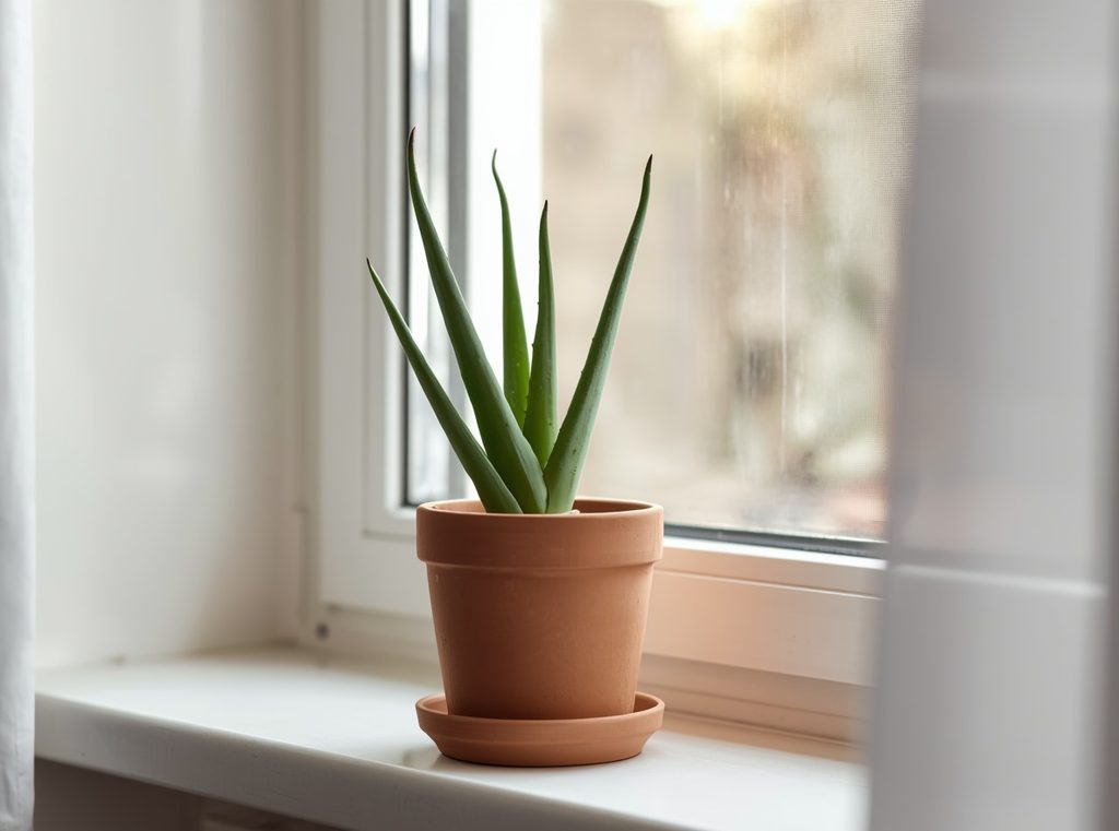 An aloe vera plant in a simple terracotta pot sitting on a bright bedroom windowsill