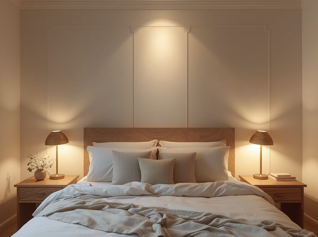 A neutral bedroom at dusk lit only by warm bedside lamps, with the overhead light off