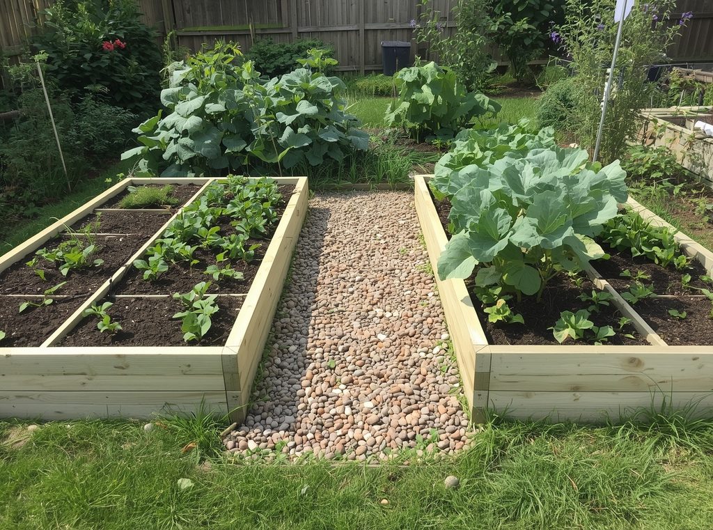 A simple backyard raised bed garden with unfinished wood beds, healthy vegetables and a gravel path between them