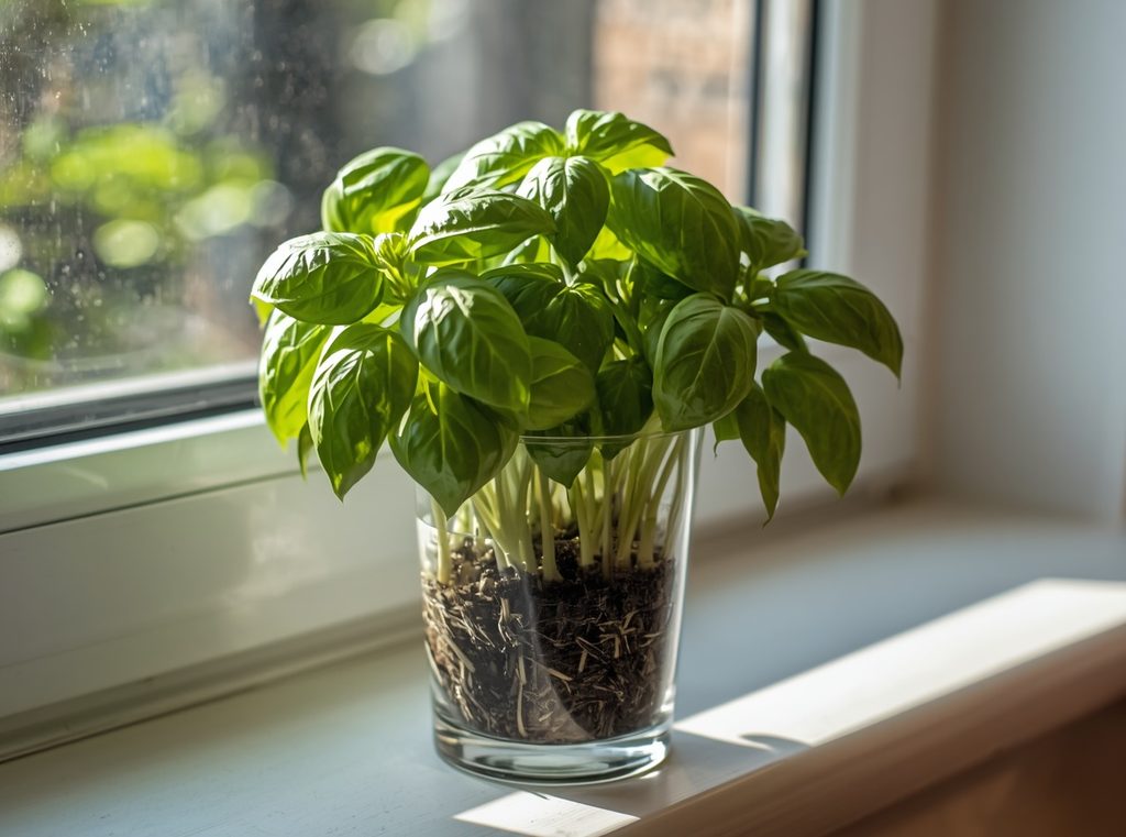 Fresh basil cuttings rooting in a clear glass beside a sunny kitchen window