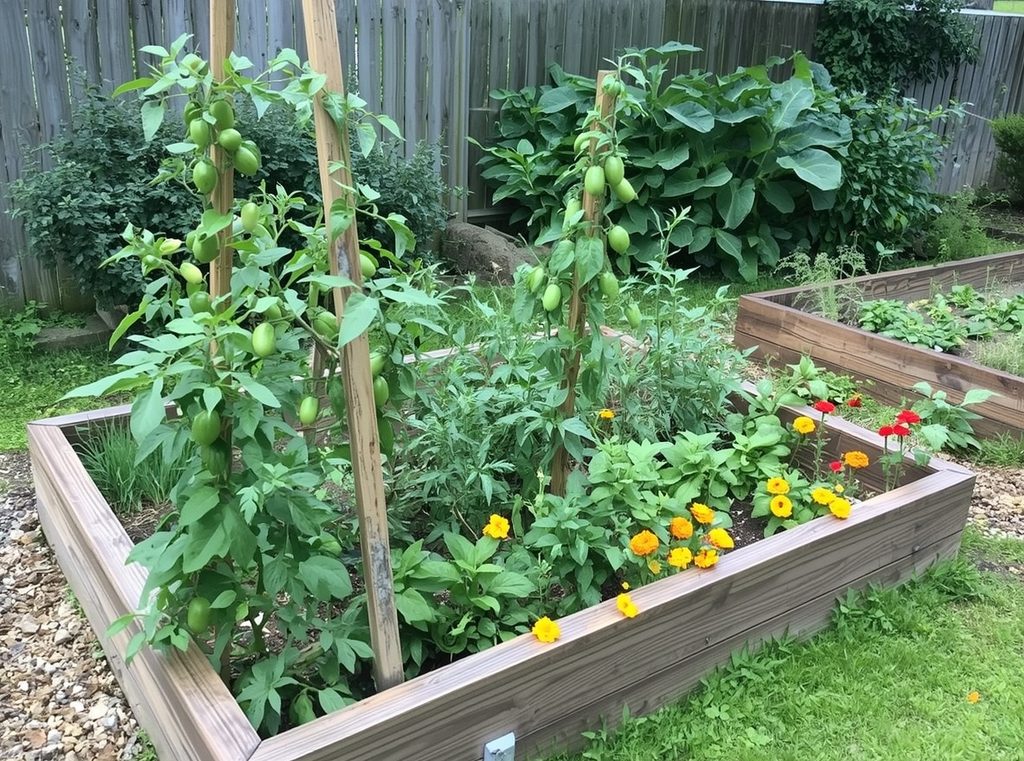 A beginner-friendly raised bed planted simply with tomatoes on a trellis, lettuce, herbs, bush beans and a few marigolds