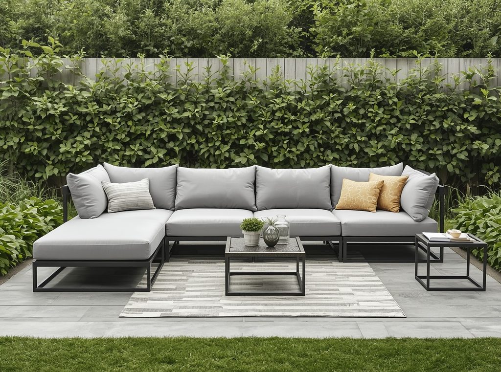 A comfortable outdoor sectional on a medium-sized patio with simple cushions, a low table and greenery around the edges