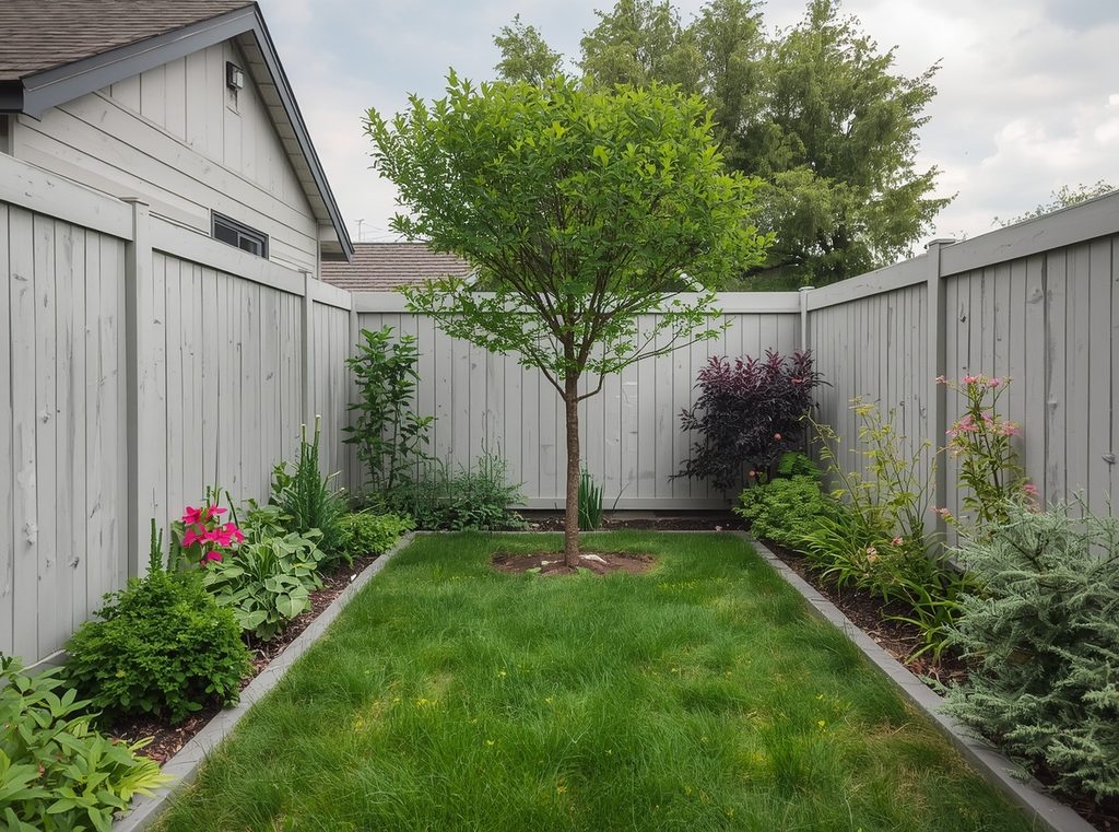 A compact backyard with one small ornamental tree as the focal point, surrounded by simple layered planting