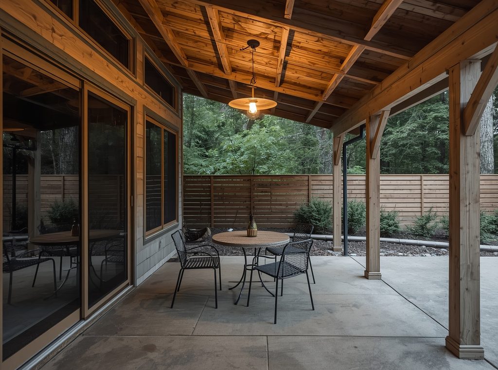 A covered outdoor seating area with one simple pendant light glowing over a small table and chairs