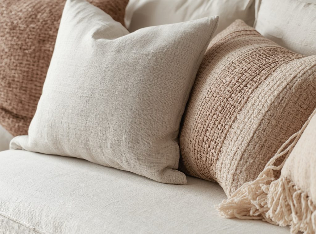 A close-up of a cream sofa layered with linen, boucle and woven cushions in similar warm neutral tones