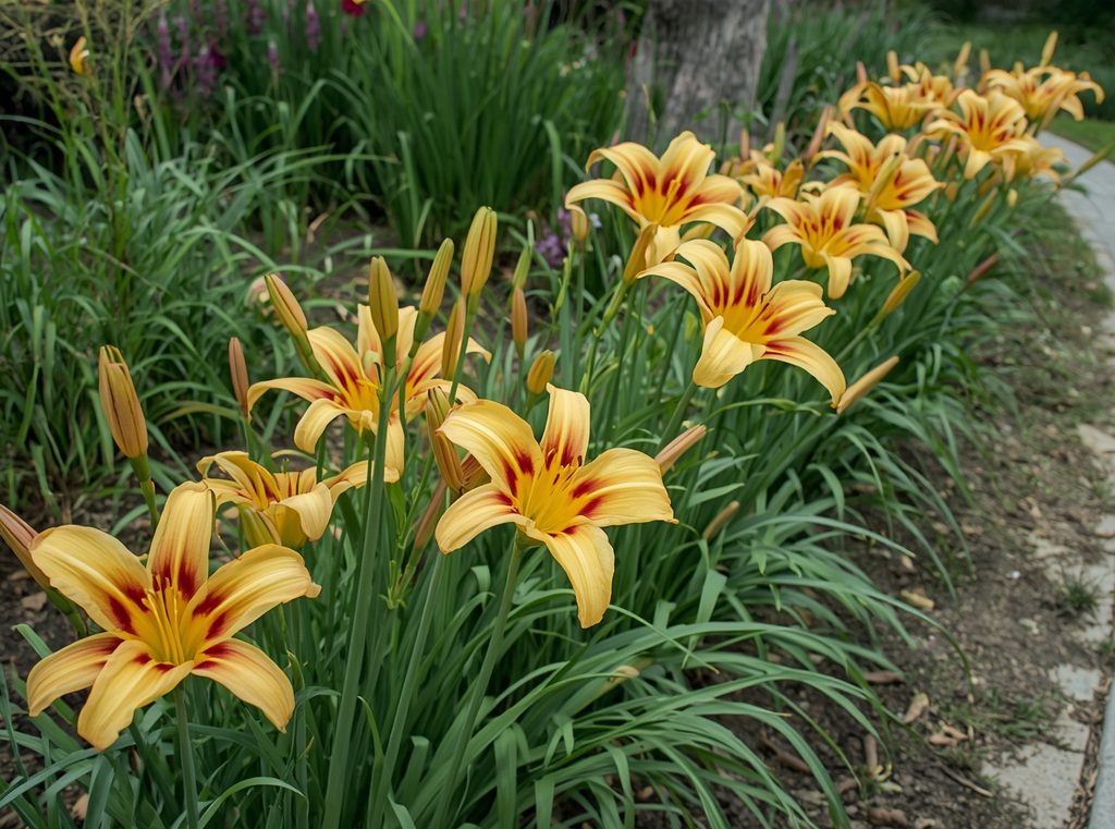 A border of easy-care daylilies blooming beside a simple garden path in warm yellow and soft orange tones