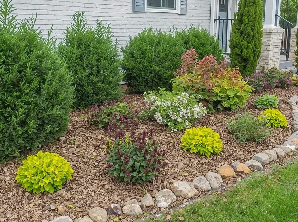 A simple garden bed with evergreen shrubs, flowering perennials and natural mulch creating an easy layered look