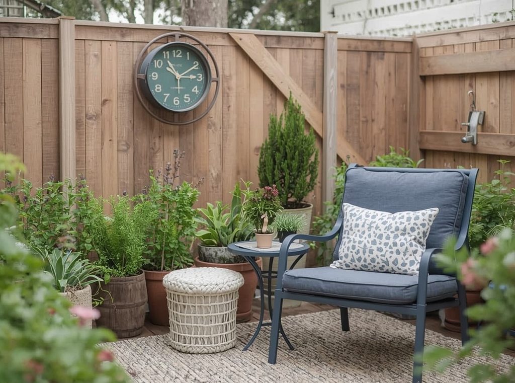 A cozy finished backyard corner with a comfortable chair, small side table, potted herbs and a soft outdoor cushion