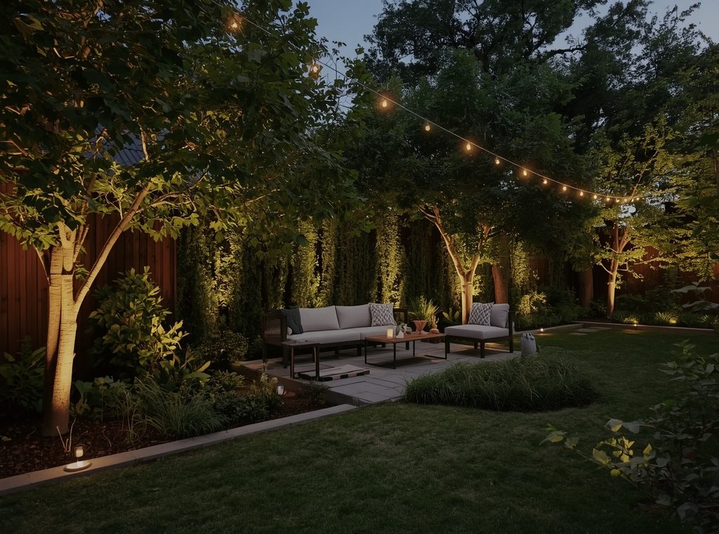 A finished garden lighting scheme combining low path lights, subtle tree uplighting, lanterns and string lights around a seating area