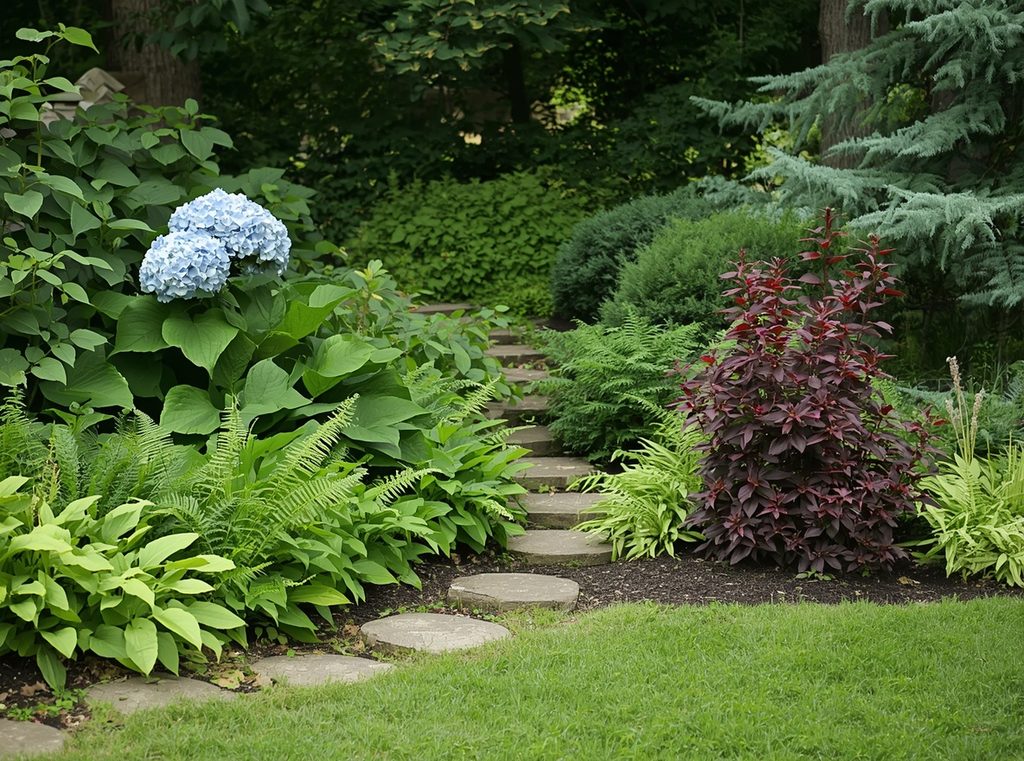 A simple shade garden layout with one hydrangea, repeated hostas and ferns, burgundy heuchera, pale astilbe and a natural stone path