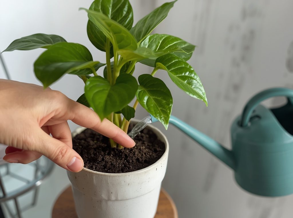 A hand checking the soil of a healthy houseplant with one finger before watering, beside a simple watering can
