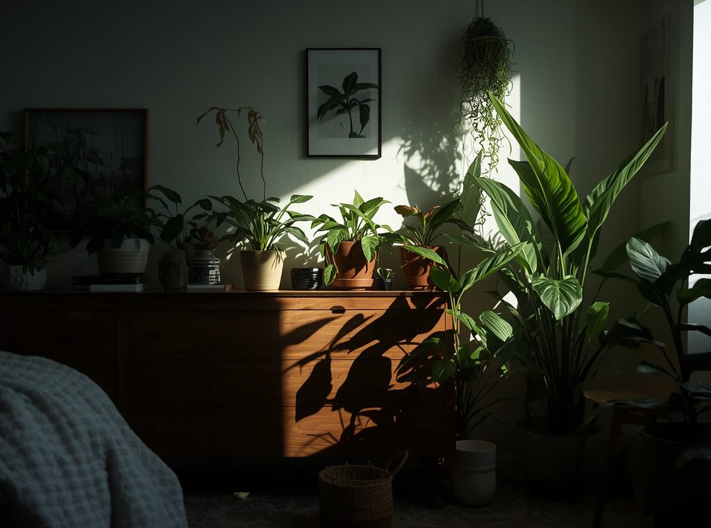 A dim cozy room with several healthy low-light houseplants