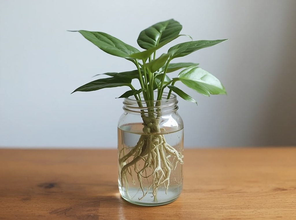 A heartleaf philodendron cutting in a small clear glass jar