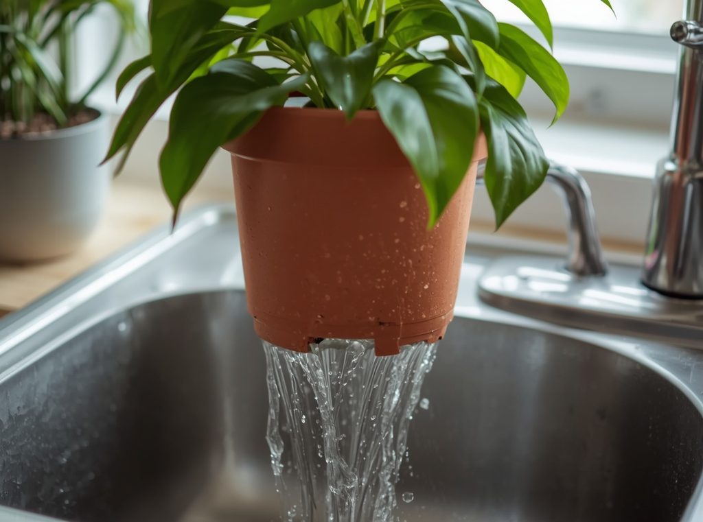 A houseplant being watered thoroughly over a sink with water draining freely from the bottom of the pot