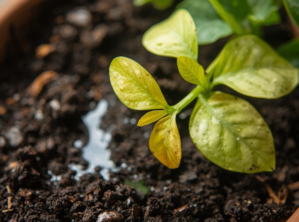 A houseplant with a few yellow lower leaves beside visibly damp potting soil, illustrating possible overwatering