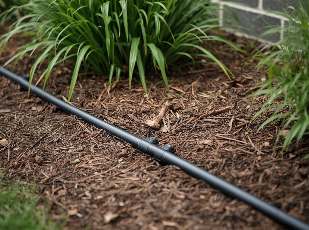 A discreet drip irrigation line running through a mulched perennial garden bed beneath established plants