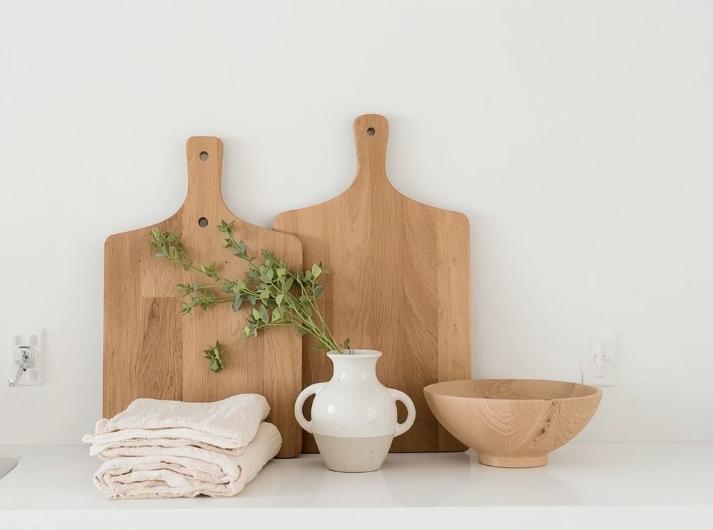 A simple kitchen counter with wood cutting boards, linen towels, handmade pottery and a stone bowl grouped naturally together