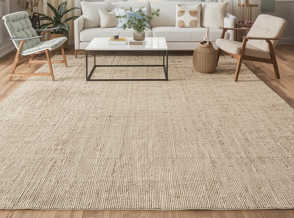 A large textured neutral rug anchoring a cream sofa, wood coffee table and simple accent chair in an organic modern living room