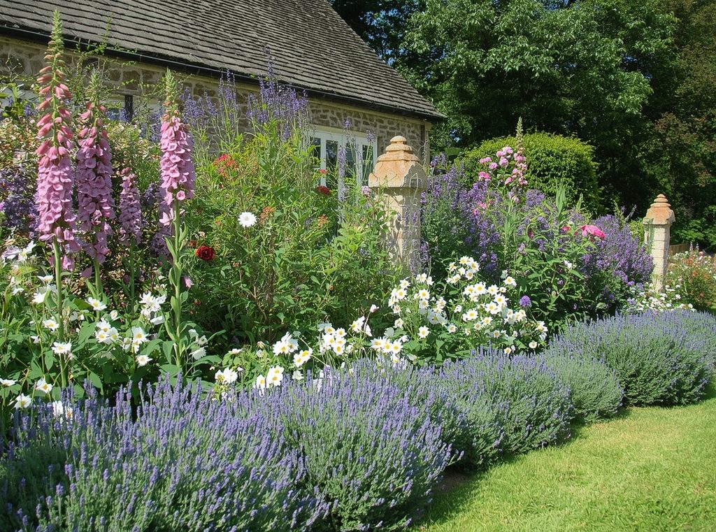 A layered cottage border with tall foxgloves at the back, roses and daisies in the middle and low lavender near the path