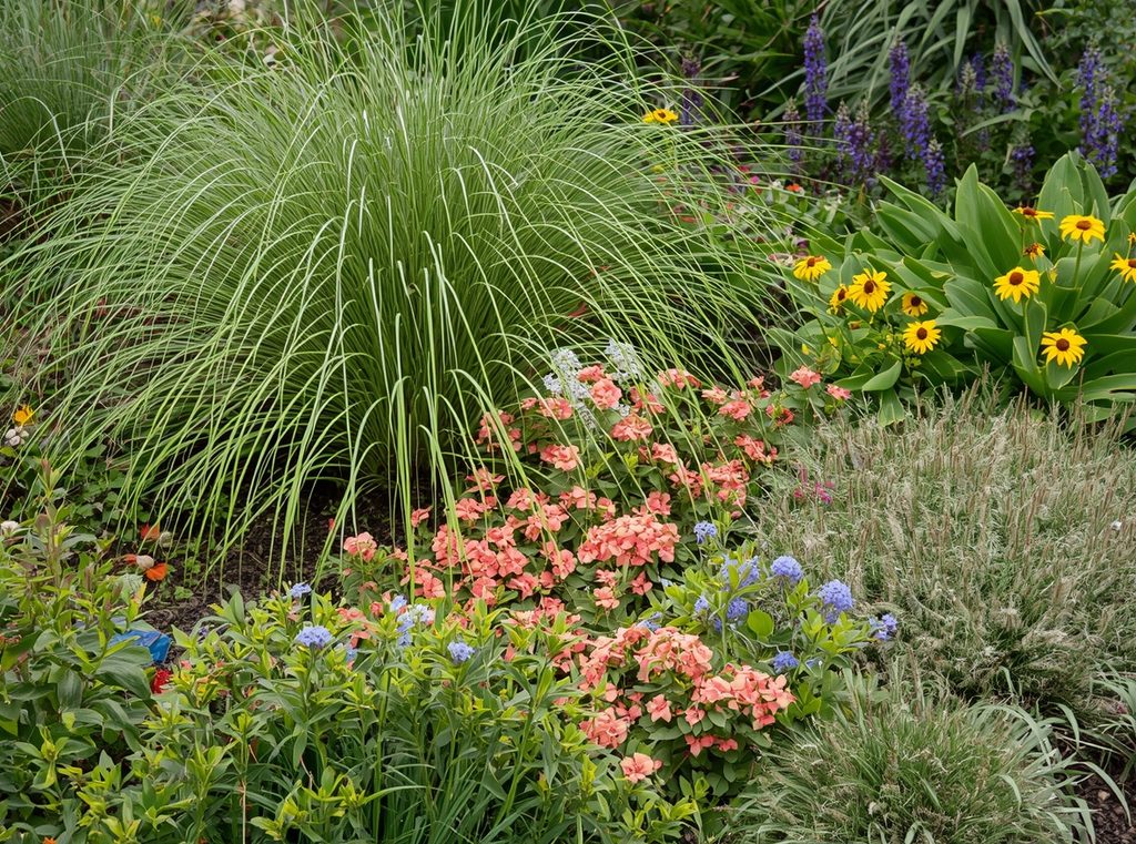 A layered small garden bed with ornamental grass, flowering perennials and low groundcover overlapping naturally