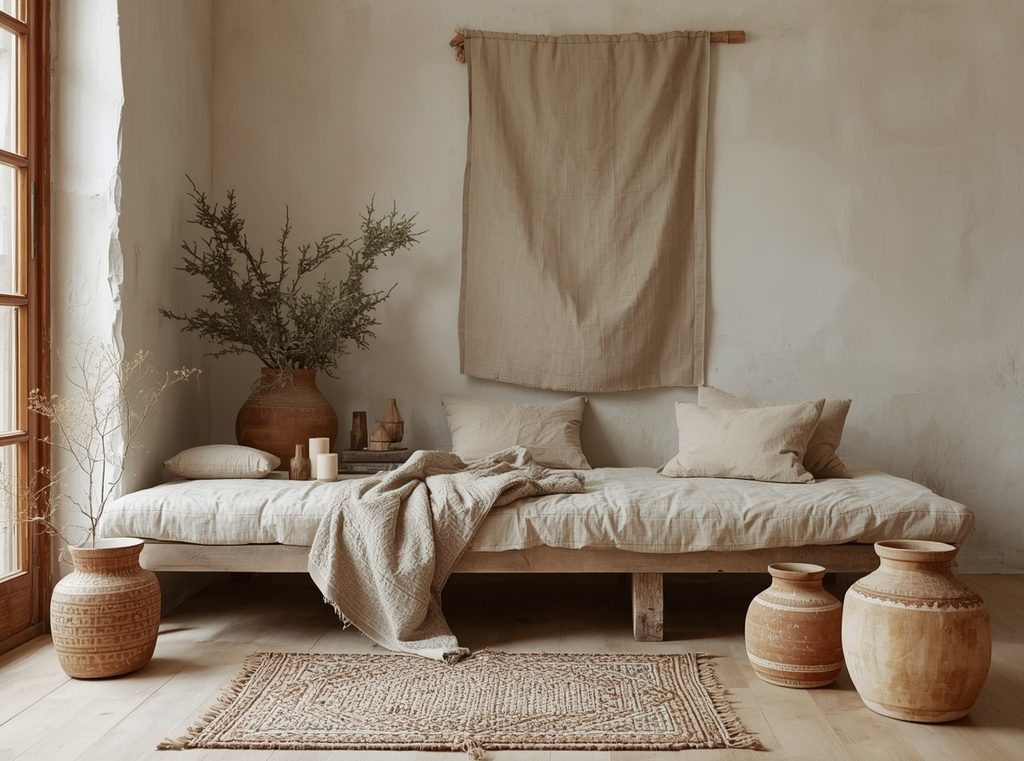 A lived-in natural interior with slightly rumpled linen, worn wood, handmade pottery and soft aged finishes