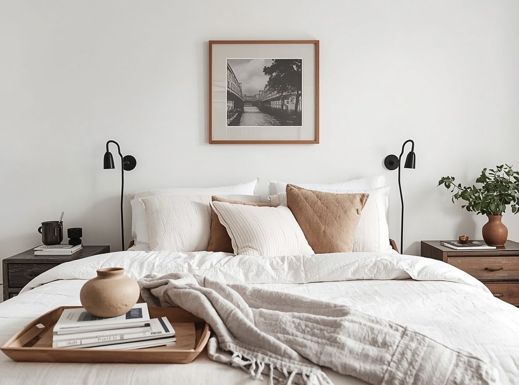A lived-in neutral bedroom with relaxed bedding, handmade pottery, books, a vintage framed print and a few personal objects