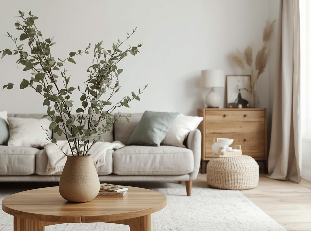 A calm living room with leafy branches in a vase, natural wood furniture, linen textiles and soft daylight