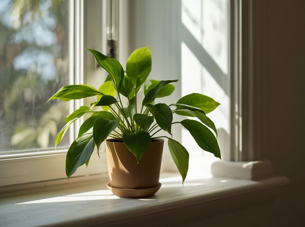 A low-light houseplant positioned several feet from a window with soft daylight reaching the leaves