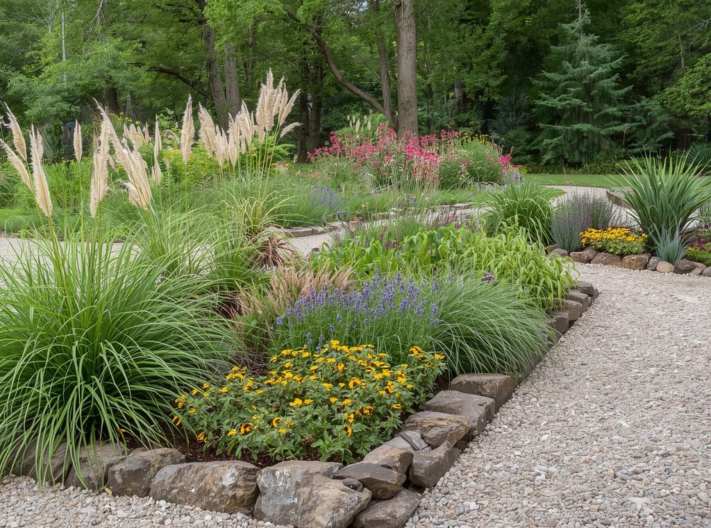 A relaxed low-maintenance garden with ornamental grasses, flowering perennials, gravel paths and natural stone edging