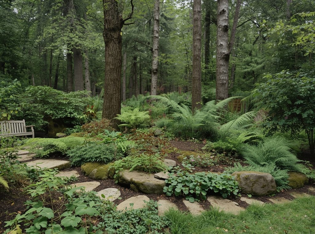 A finished woodland-style shade garden with ferns, hostas, moss, natural stone and a small weathered bench beneath tall trees