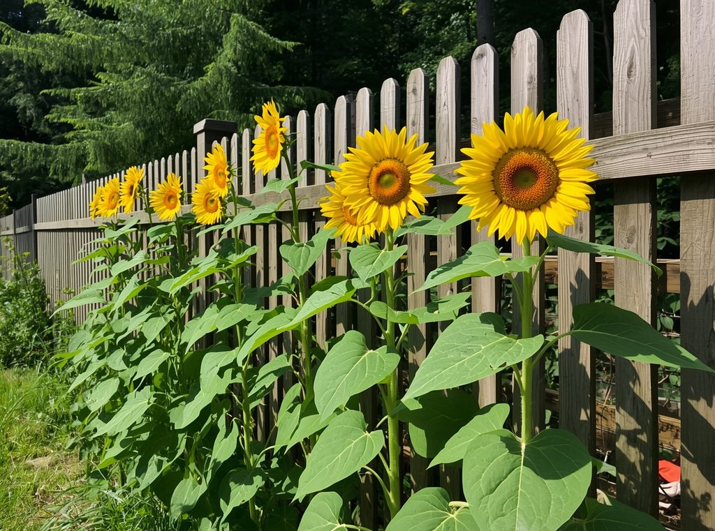 Several tall sunflowers growing along a sunny garden fence