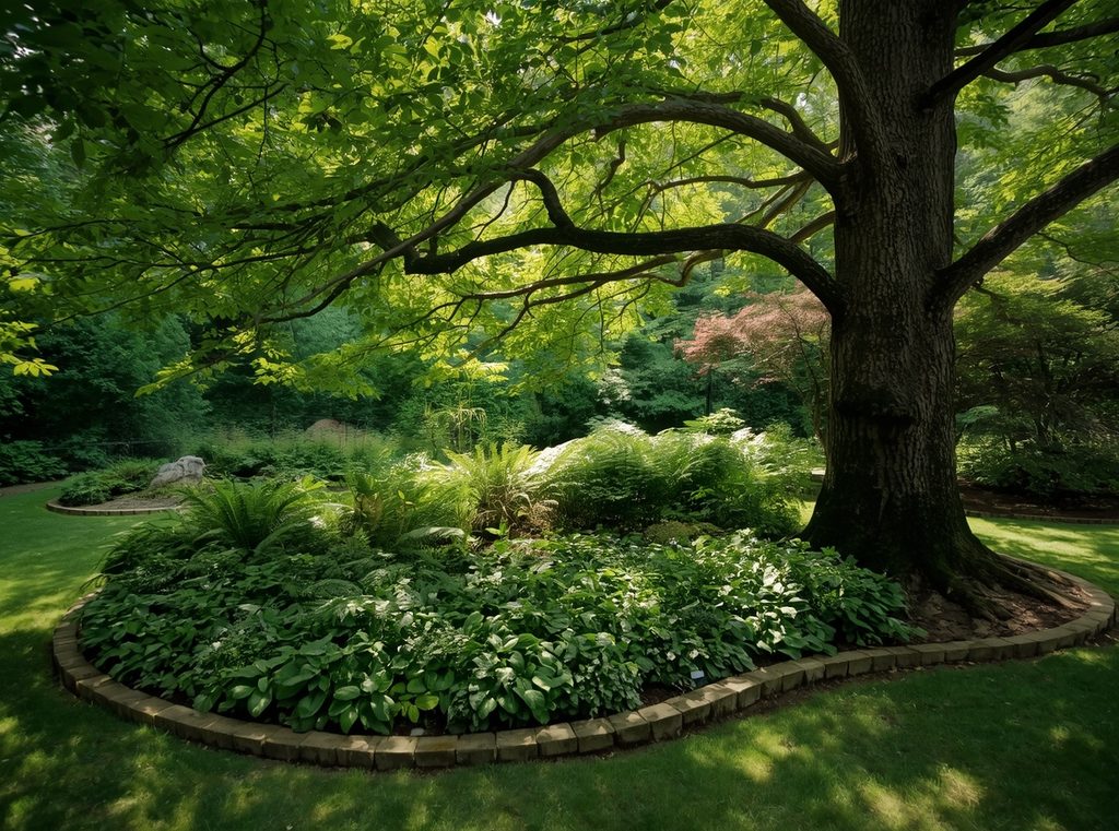 A lush shade garden beneath mature trees