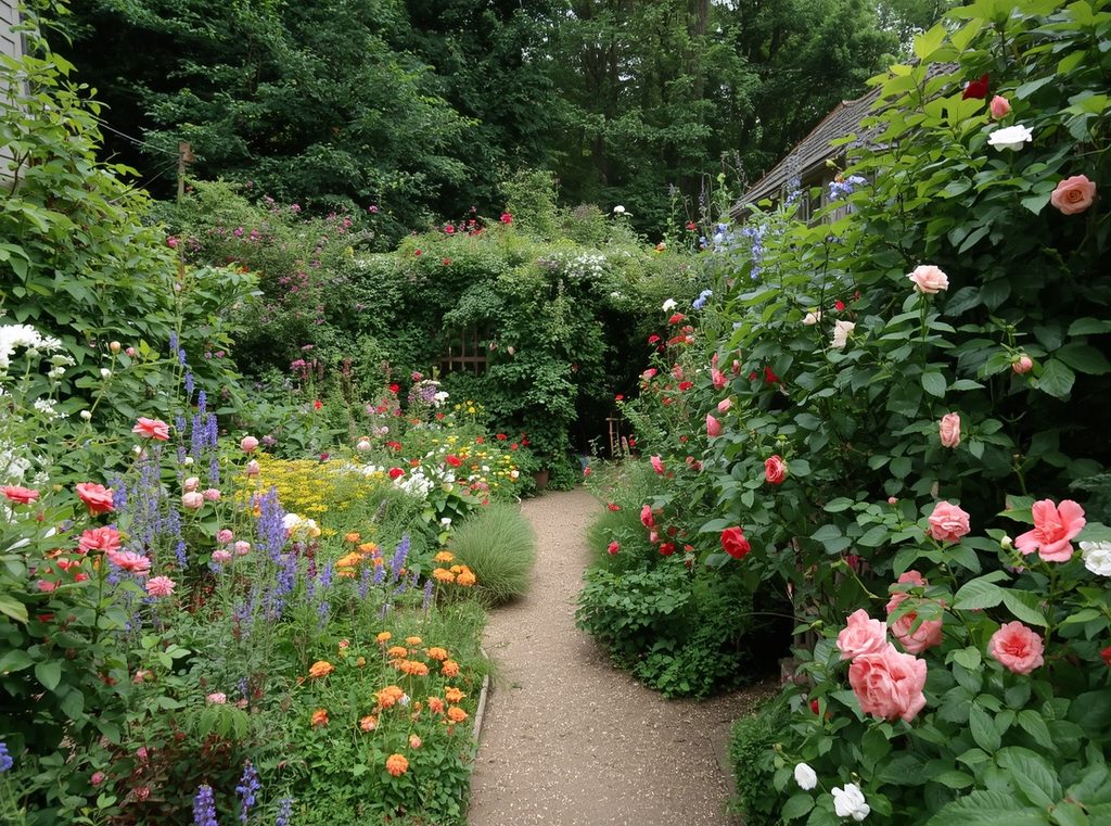 A lush cottage garden with overflowing flowers, a narrow gravel path, climbing roses and slightly overgrown planting beds