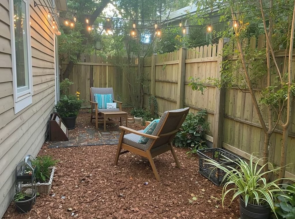 A small backyard after a simple weekend makeover with a compact seating area, fresh mulch, potted plants and warm string lights