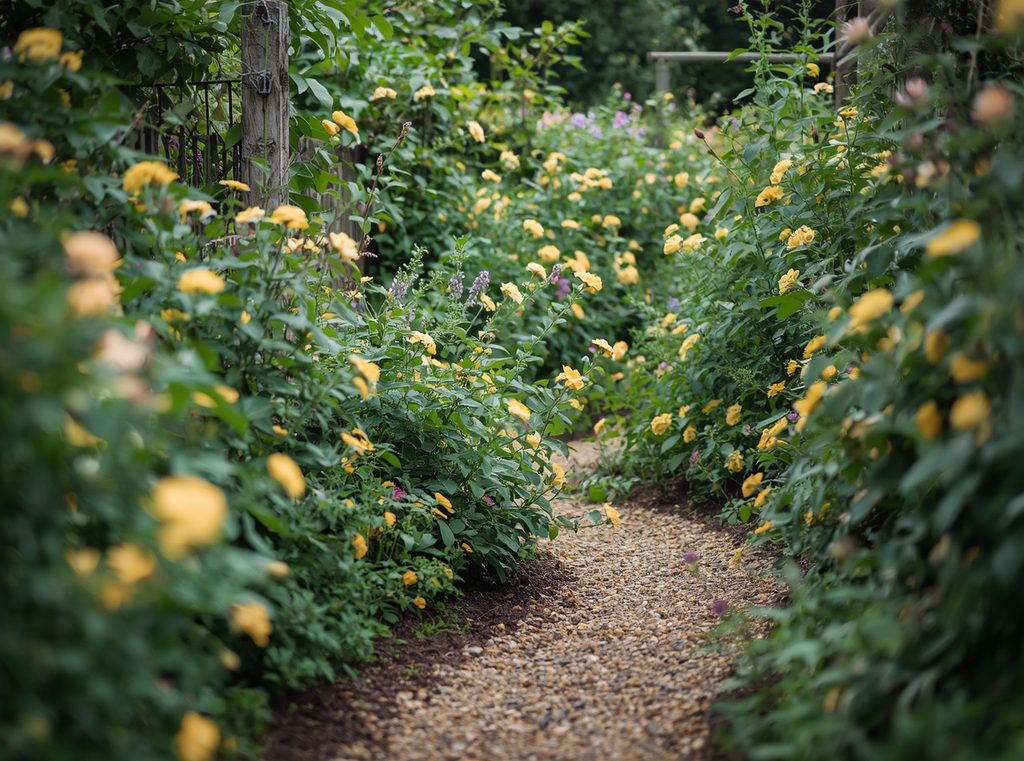 A narrow gravel path winding through dense cottage garden planting with flowers leaning softly into the walkway
