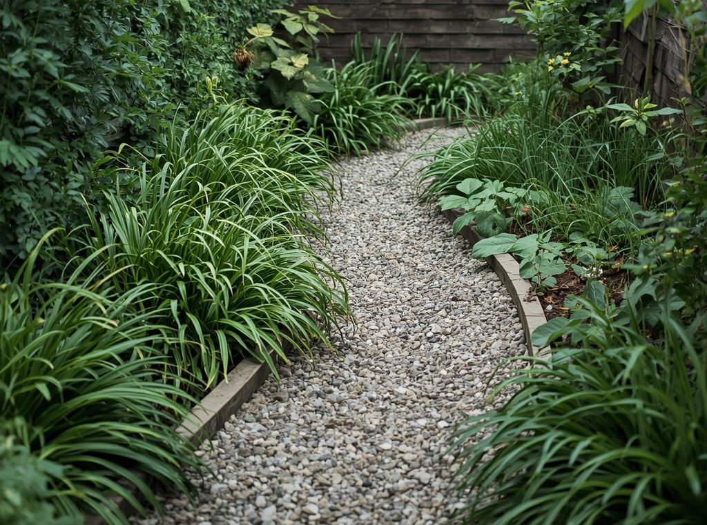 A narrow gravel path winding through a small backyard with planting spilling softly along the edges