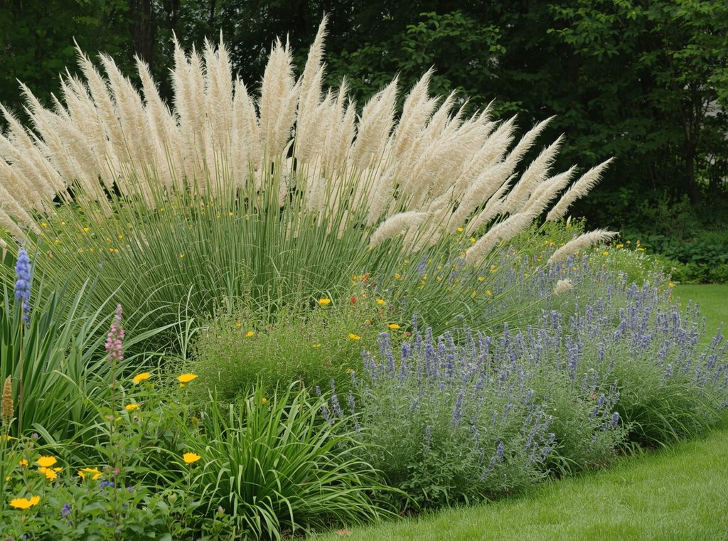 A natural garden with tall ornamental grasses moving in the breeze beside simple flowering perennials